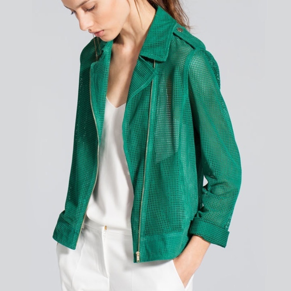 Uterque Perforated Suede Jacket in Green size S. NWT
